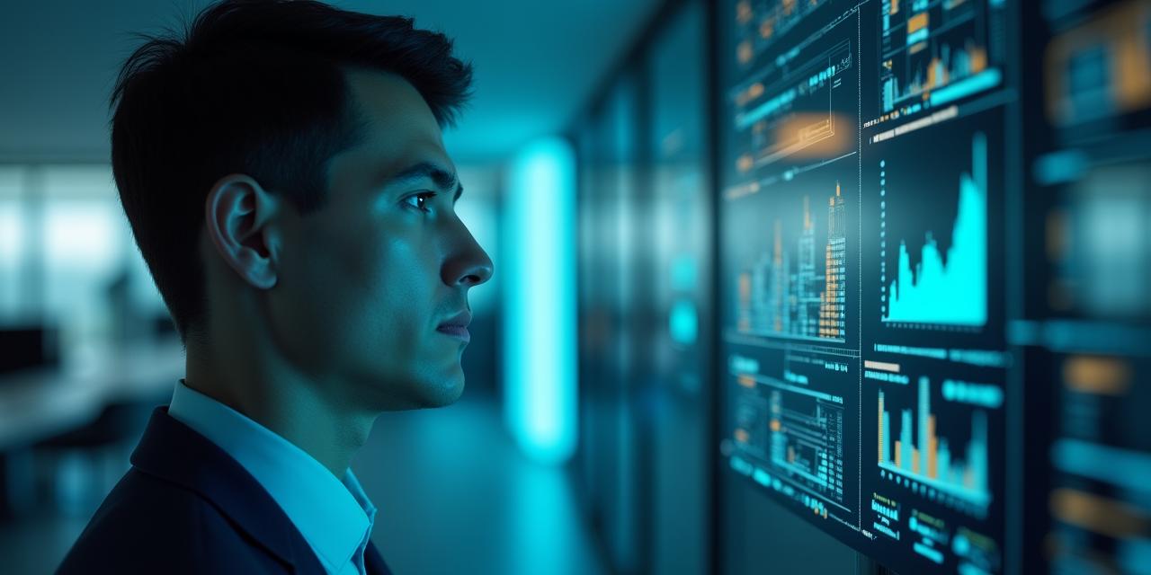 Professionista che analizza dati su uno schermo futuristico trasparente